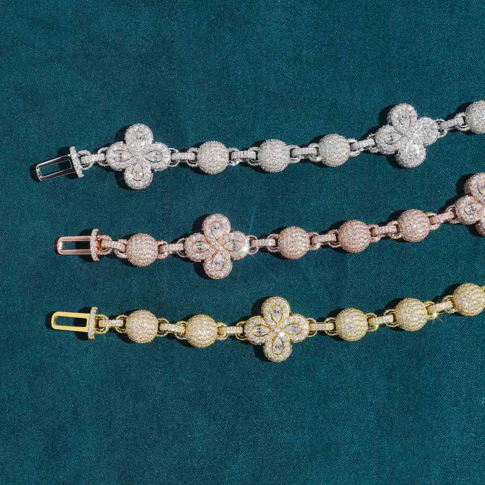19MM Moissanite Beads Link Leaf Clover Chain 14k Gold - Image 2