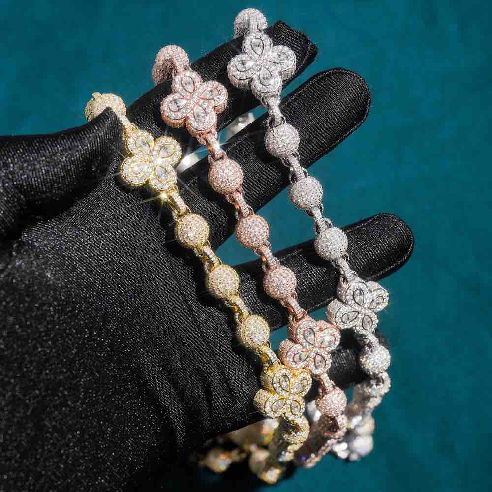 19MM Moissanite Beads Link Leaf Clover Chain 14k Gold - Image 3