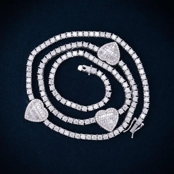 3MM Moissanite Triple Heart Tennis Necklace 14K Gold