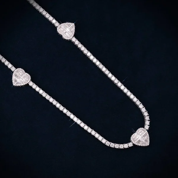 3MM Moissanite Triple Heart Tennis Necklace 14K Gold - Image 2