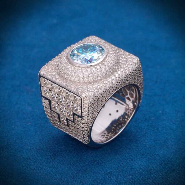 Blue Moissanite Signet Ring 14K White Gold - Image 4