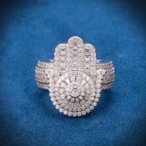 Moissanite Baguette Hamsa Hand Ring 14K White Gold