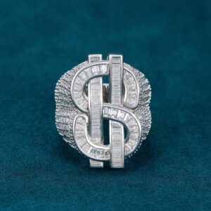Dollar Sign Moissanite Baguette Ring 14k Gold