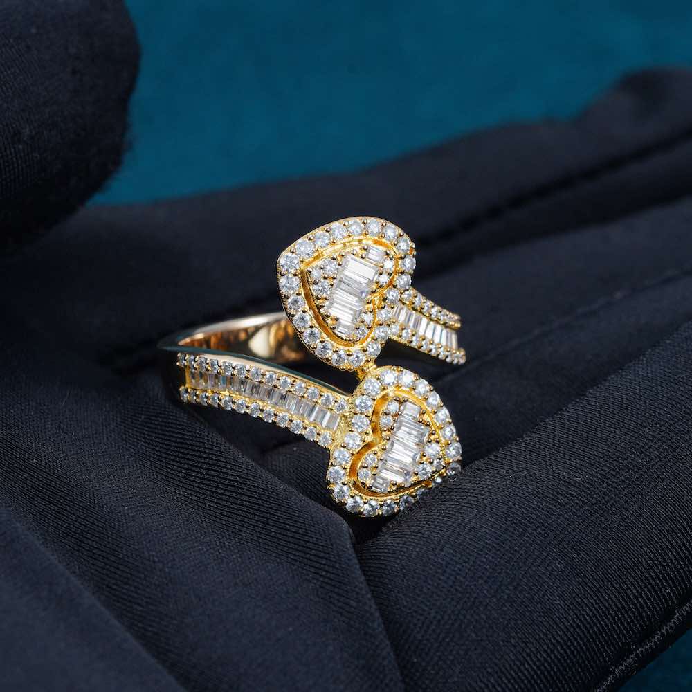 Moissanite Double Heart Baguette Ring 14k - Image 3