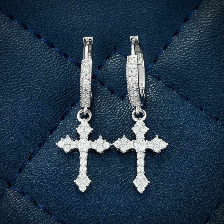 32MM Moissanite Cross Hoop Earrings 14K Gold
