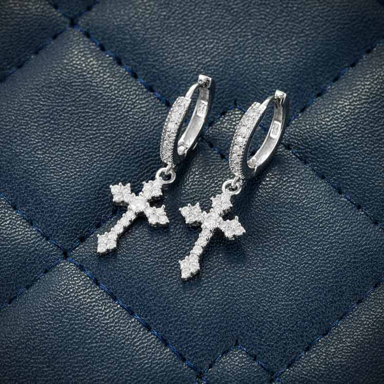 32MM Moissanite Cross Hoop Earrings 14K Gold - Image 2