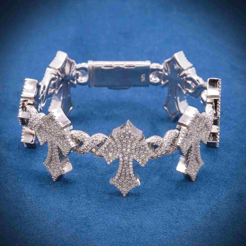 16MM Iced Out Cross Bracelet 14K Gold