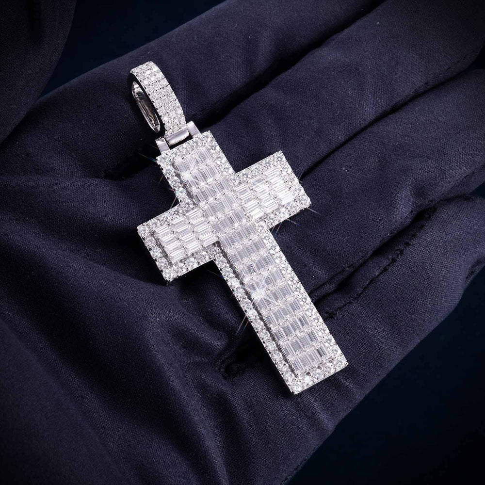 Double Layer Emerald Cut Moissanite Cross Pendant 14K Gold - Image 3