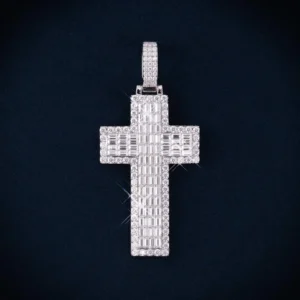 Double Layer Emerald Cut Moissanite Cross Pendant 14K Gold