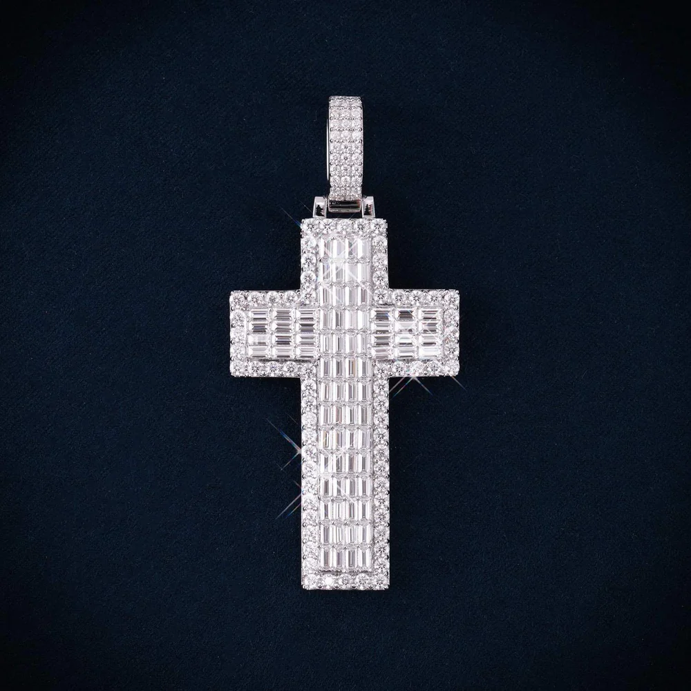 Double Layer Emerald Cut Moissanite Cross Pendant 14K Gold