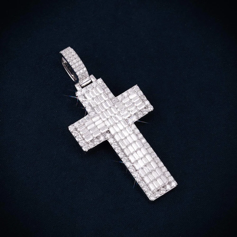 Double Layer Emerald Cut Moissanite Cross Pendant 14K Gold - Image 2