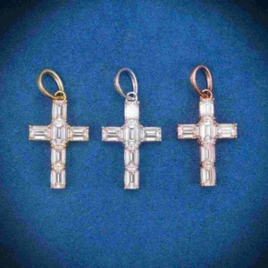 Emerald Cut Moissanite Micro Cross Pendant 14K Gold