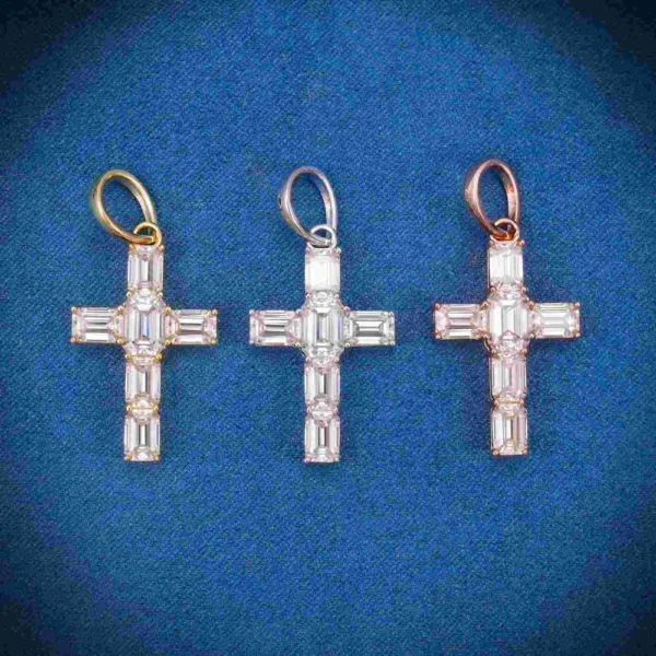 Emerald Cut Moissanite Micro Cross Pendant 14K Gold