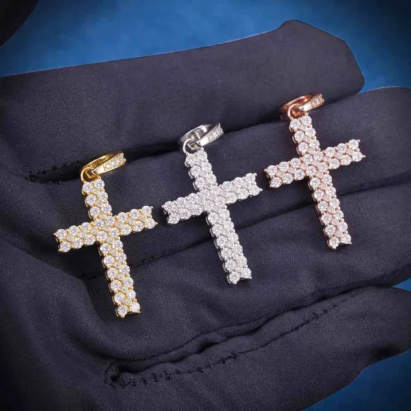 Moissanite 2 Row Mini Cross Pendant 14K Gold - Image 3