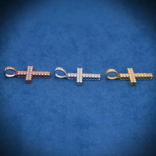 Moissanite 2 Row Mini Cross Pendant 14K Gold - Image 2