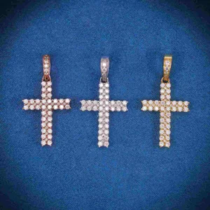 Moissanite 2 Row Mini Cross Pendant 14K Gold