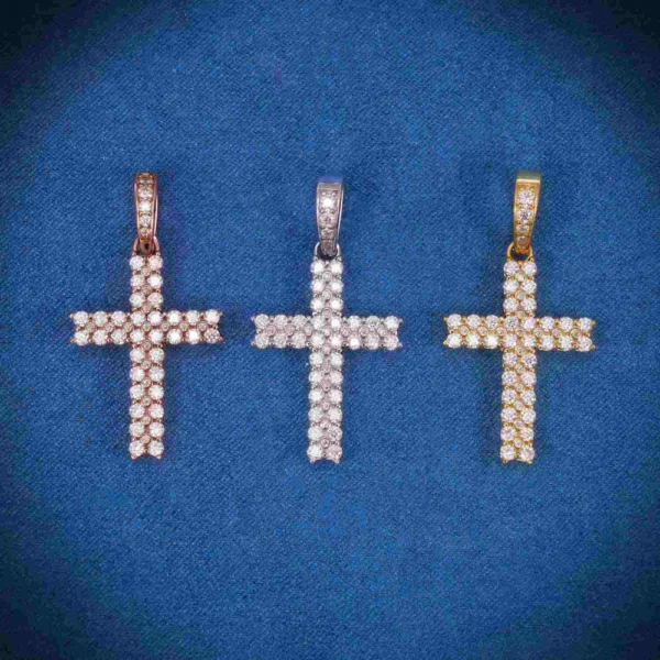 Moissanite 2 Row Mini Cross Pendant 14K Gold