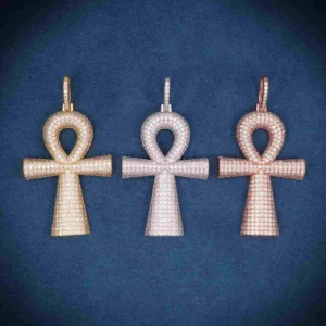 Moissanite Baguette Ankh Pendant 14K Gold