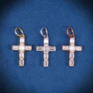 Moissanite Emerald Cut Mini Cross Pendant 14K Gold