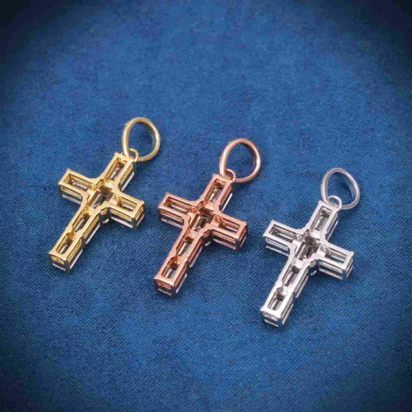 Moissanite Emerald Cut Mini Cross Pendant 14K Gold - Image 2