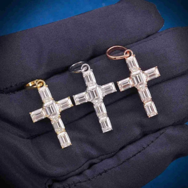 Moissanite Emerald Cut Mini Cross Pendant 14K Gold - Image 3