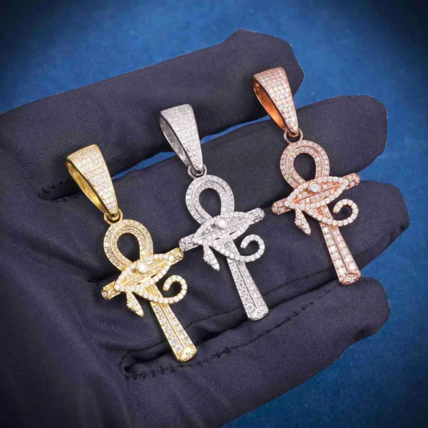 Moissanite Horus Eye Ankh Cross Pendant 14K Gold - Image 3