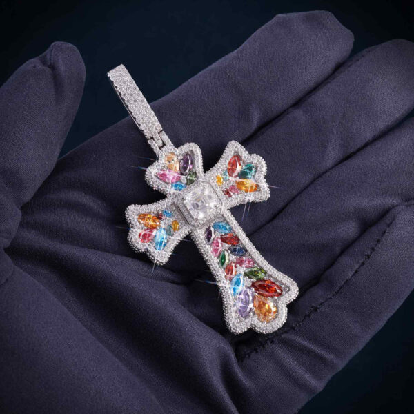 Moissanite Rainbow Halo Cross Pendant 14K Gold - Image 3