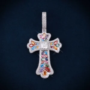 Moissanite Rainbow Halo Cross Pendant 14K Gold