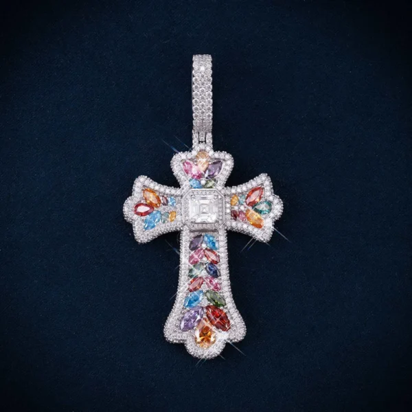 Moissanite Rainbow Halo Cross Pendant 14K Gold