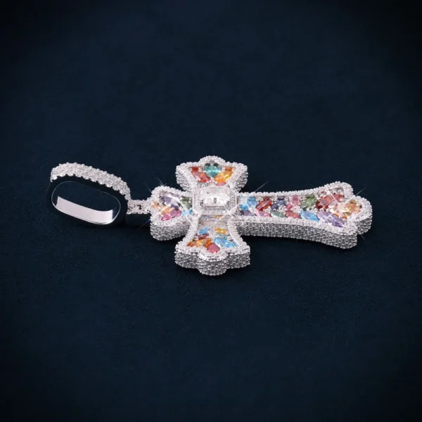Moissanite Rainbow Halo Cross Pendant 14K Gold - Image 2