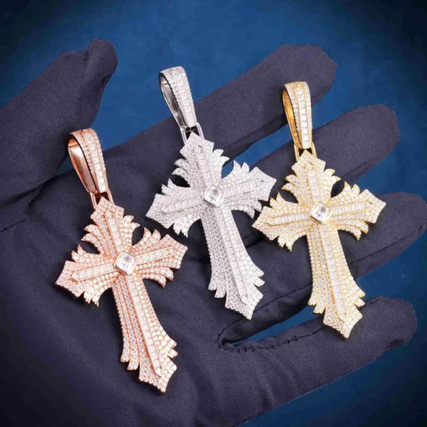 Moissanite Spiked Ornamental Cross Pendant 14K Gold - Image 3