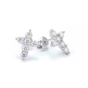 Round Cut Moissanite Cross Earrings 14K Gold