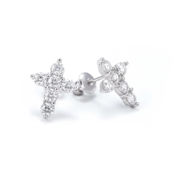 Round Cut Moissanite Cross Earrings 14K Gold