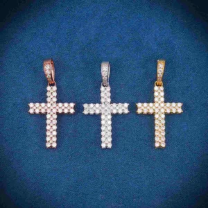 2 Row Moissanite Prong Cross Pendant 14K Gold