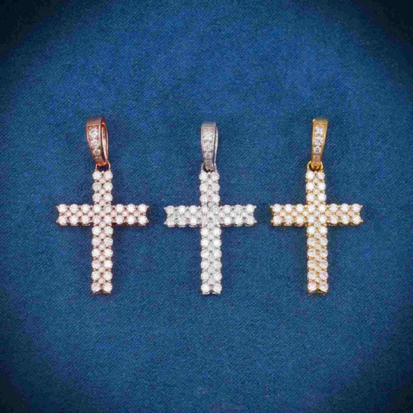 2 Row Moissanite Prong Cross Pendant 14K Gold
