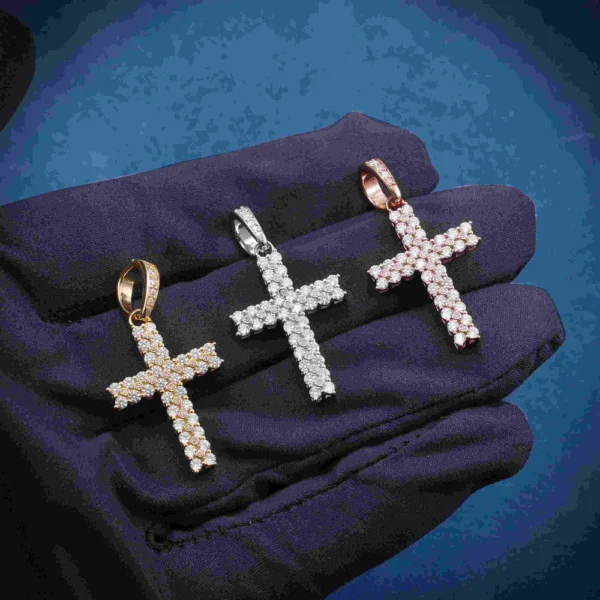 2 Row Moissanite Prong Cross Pendant 14K Gold - Image 3