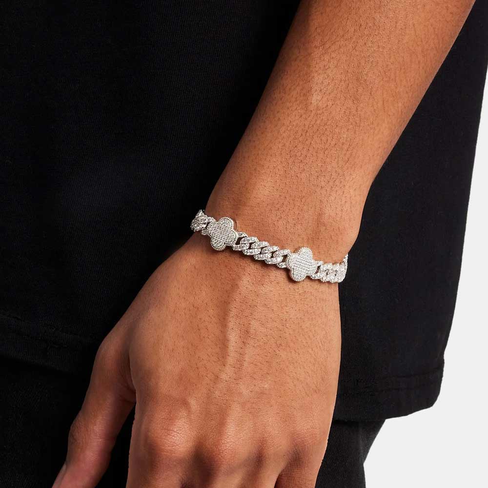 8MM Four Leaf Moissanite Cuban Link Bracelet 14K Gold - Image 3
