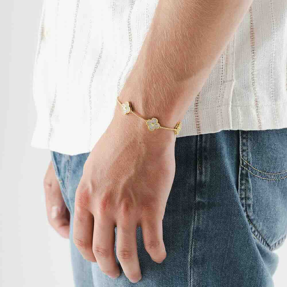Four Leaf Yellow Gold Moissanite Motif Bracelet - Image 2