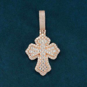 Moissanite Baguette Cross Pendant 14K Gold