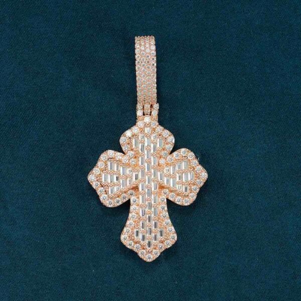 Moissanite Baguette Cross Pendant 14K Gold