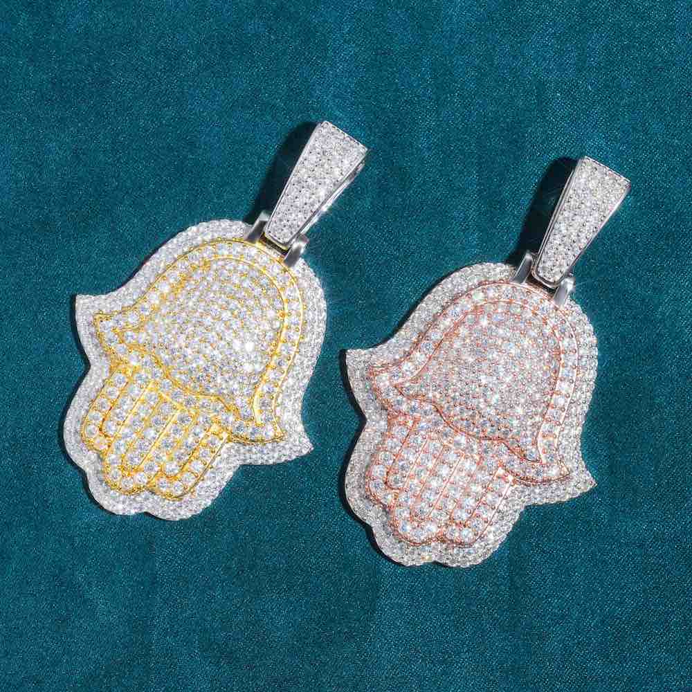 Moissanite Two Tone Hamsa Hand Pendant 14K Gold - Image 3
