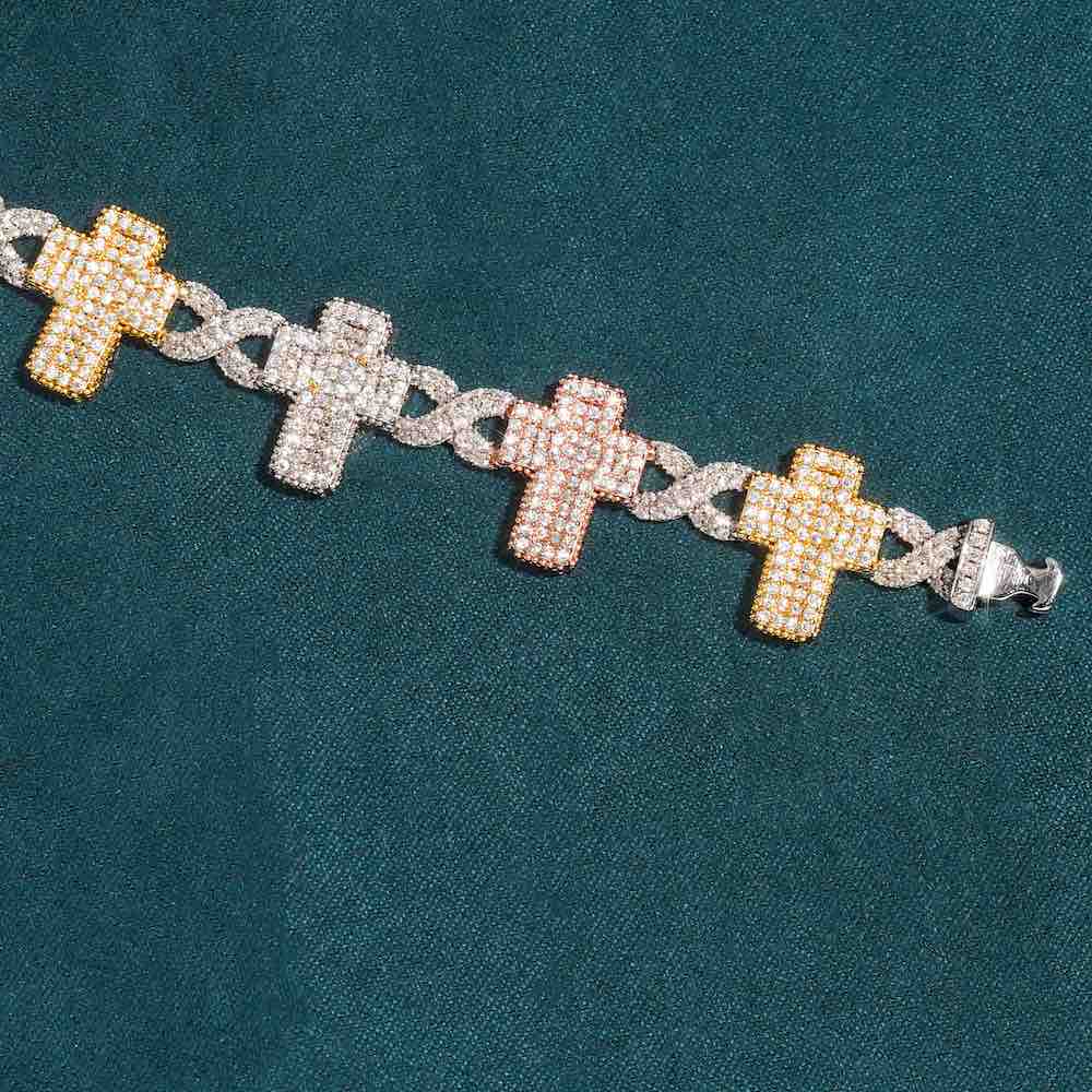 15MM Moissanite Cross Infinity Link Bracelet Three Tone - Image 2