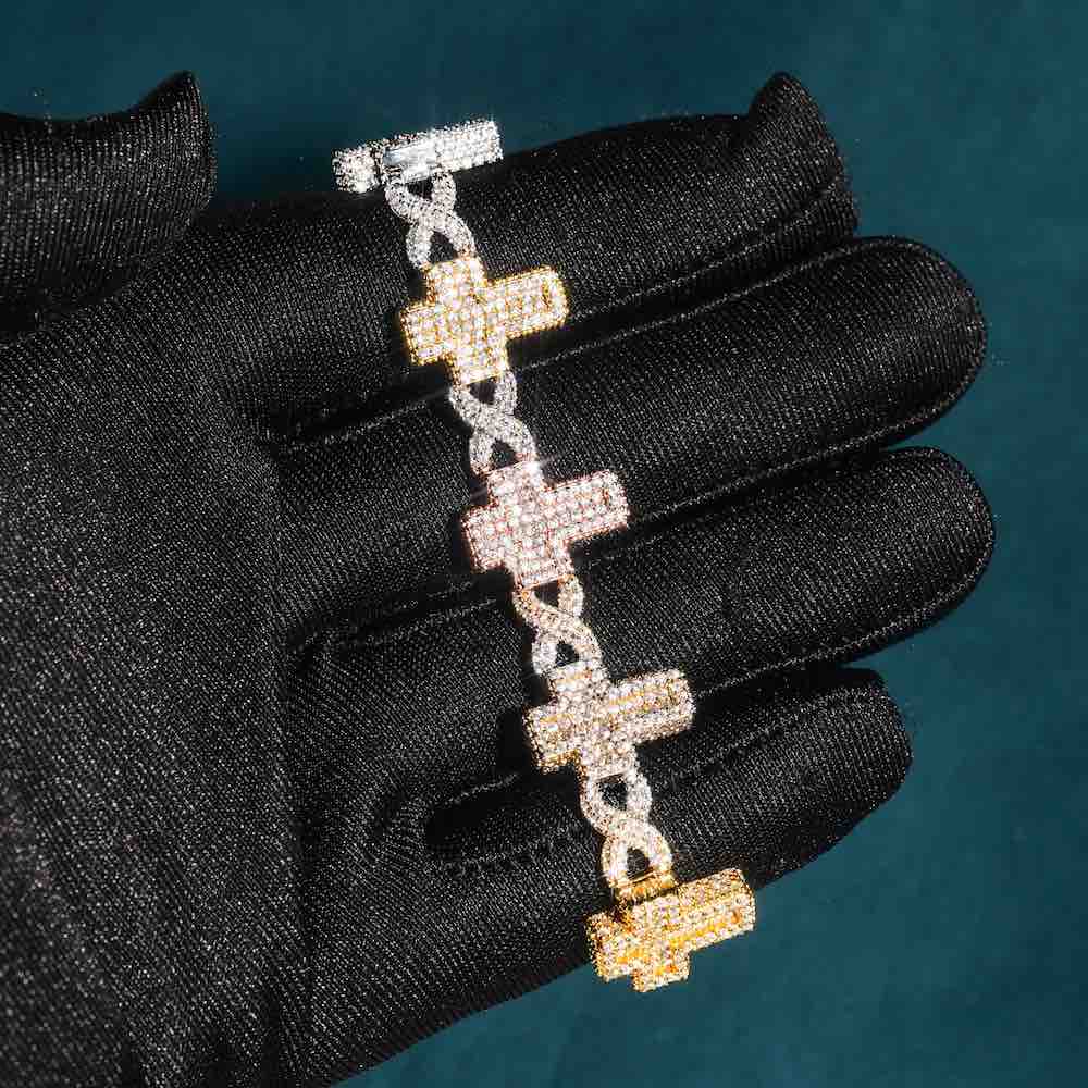 15MM Moissanite Cross Infinity Link Bracelet Three Tone - Image 3