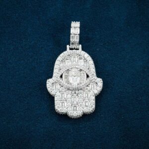 Moissanite Baguette Hamsa Hand Pendant 14K Gold
