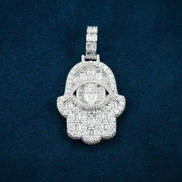 Moissanite Baguette Hamsa Hand Pendant 14K Gold