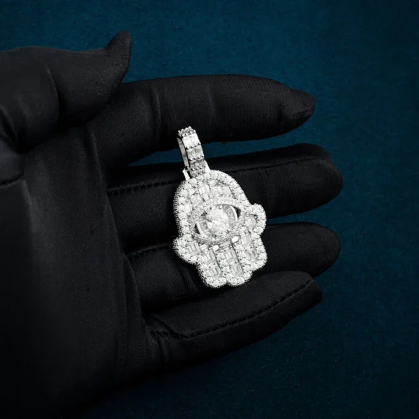 Moissanite Baguette Hamsa Hand Pendant 14K Gold - Image 3